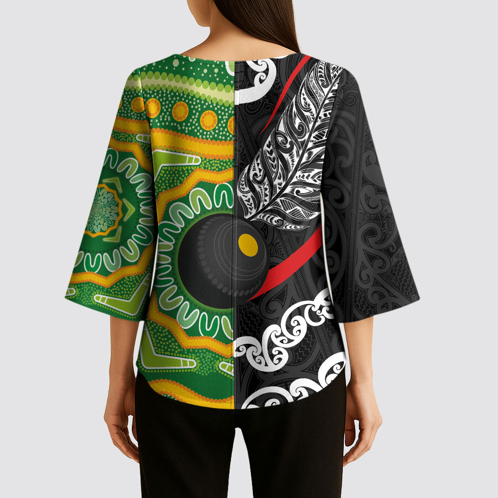 Personalised Aotearoa and Australia Lawn Bowls Kimono Sleeve Blouse Maori Fern and Aboriginal Pattern