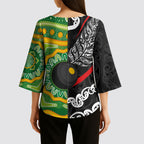 Personalised Aotearoa and Australia Lawn Bowls Kimono Sleeve Blouse Maori Fern and Aboriginal Pattern