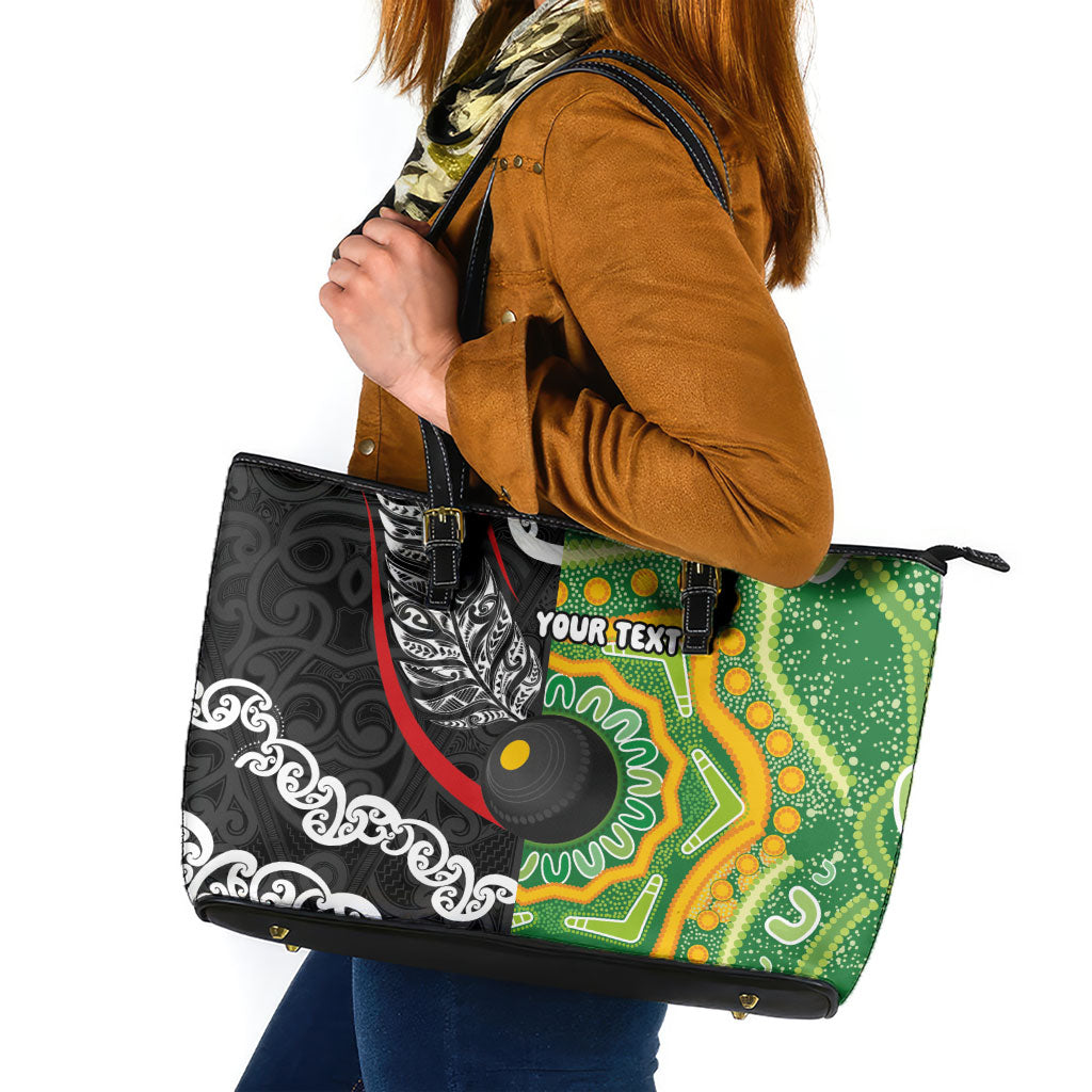 Personalised Aotearoa and Australia Lawn Bowls Leather Tote Bag Maori Fern and Aboriginal Pattern