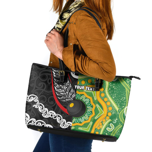 Personalised Aotearoa and Australia Lawn Bowls Leather Tote Bag Maori Fern and Aboriginal Pattern