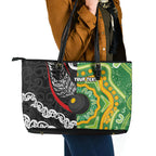 Personalised Aotearoa and Australia Lawn Bowls Leather Tote Bag Maori Fern and Aboriginal Pattern