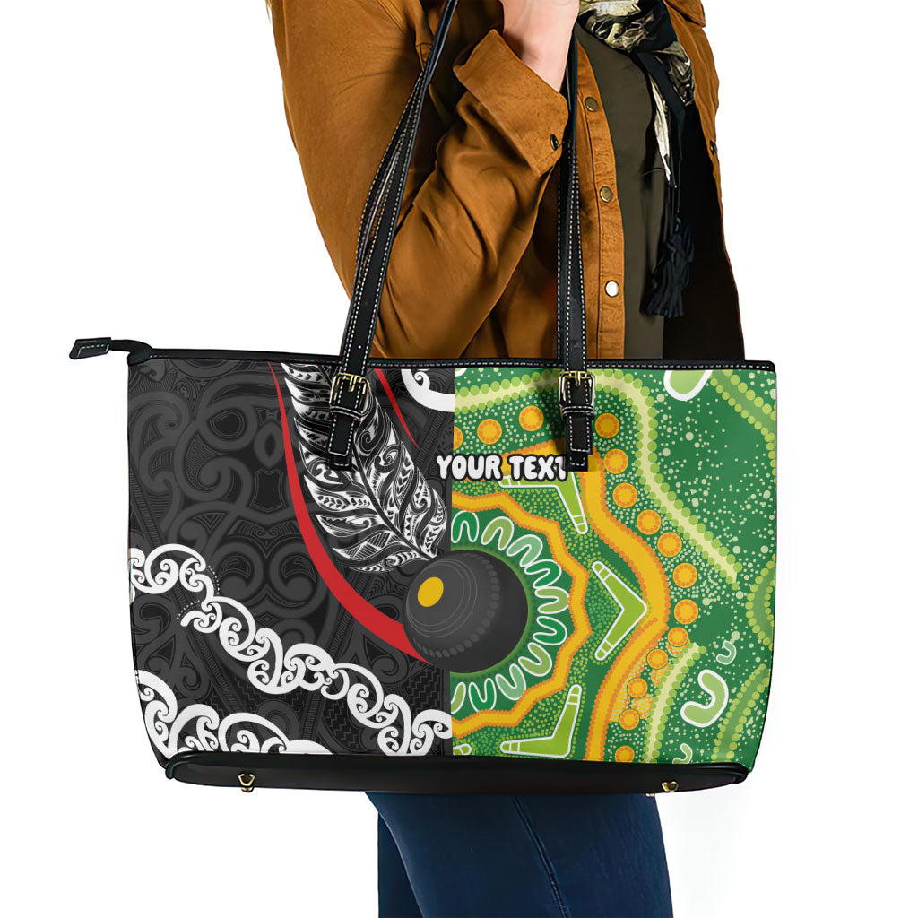 Personalised Aotearoa and Australia Lawn Bowls Leather Tote Bag Maori Fern and Aboriginal Pattern