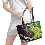 Personalised Aotearoa and Australia Lawn Bowls Leather Tote Bag Maori Fern and Aboriginal Pattern