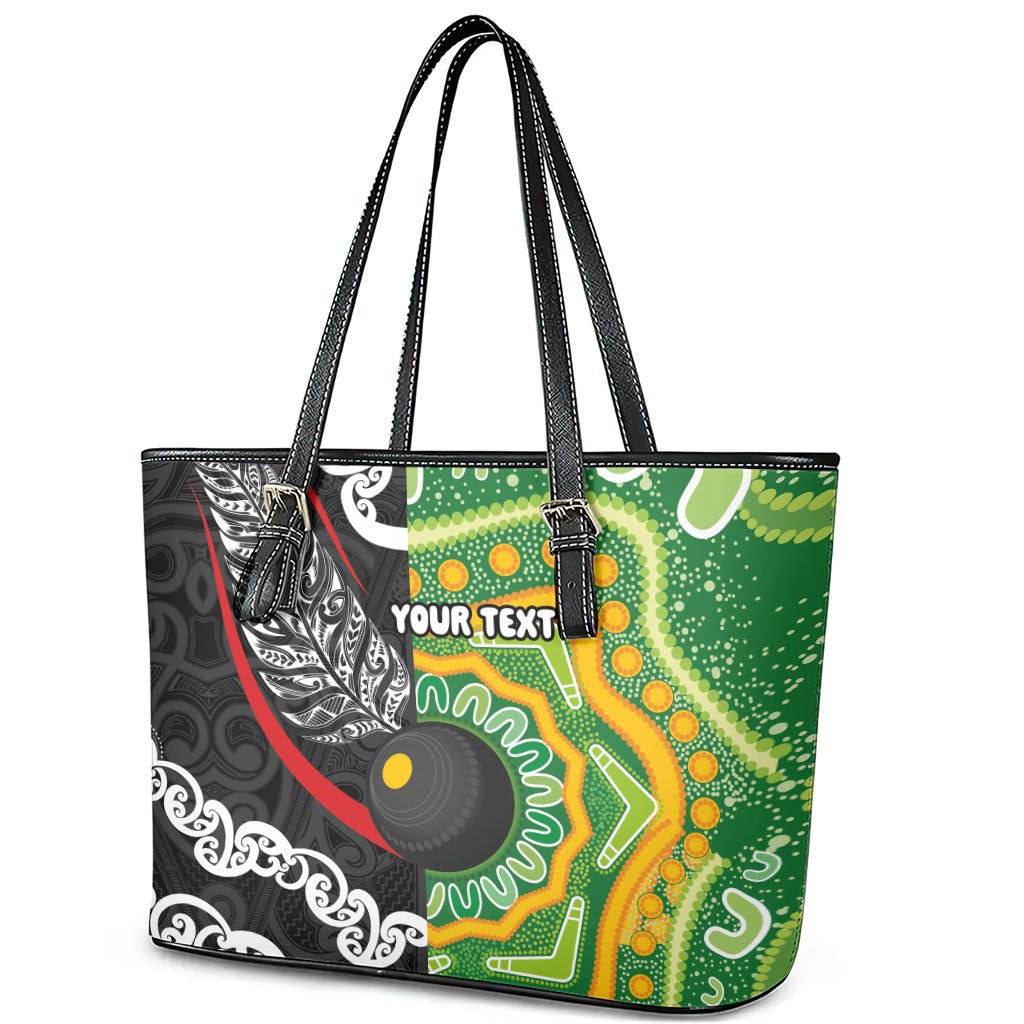 Personalised Aotearoa and Australia Lawn Bowls Leather Tote Bag Maori Fern and Aboriginal Pattern