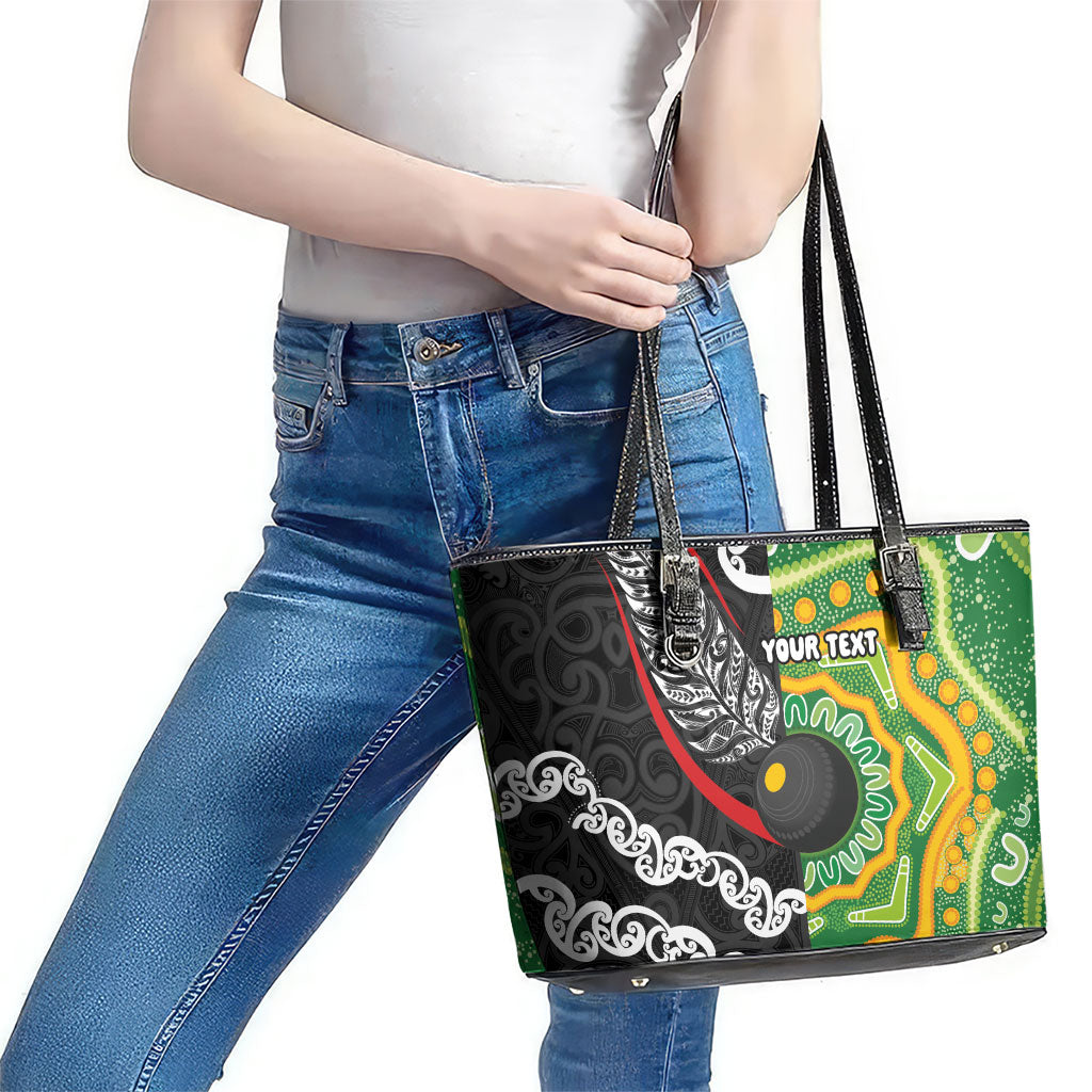 Personalised Aotearoa and Australia Lawn Bowls Leather Tote Bag Maori Fern and Aboriginal Pattern