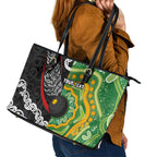 Personalised Aotearoa and Australia Lawn Bowls Leather Tote Bag Maori Fern and Aboriginal Pattern