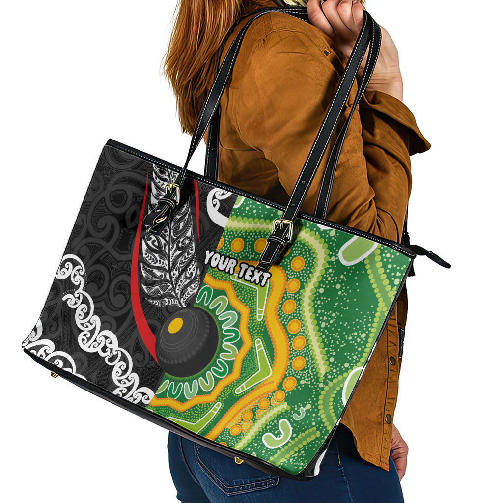 Personalised Aotearoa and Australia Lawn Bowls Leather Tote Bag Maori Fern and Aboriginal Pattern