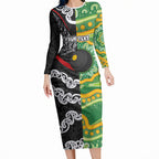 Personalised Aotearoa and Australia Lawn Bowls Long Sleeve Bodycon Dress Maori Fern and Aboriginal Pattern