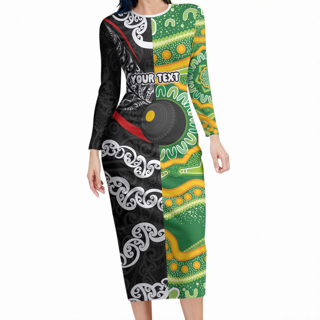 Personalised Aotearoa and Australia Lawn Bowls Long Sleeve Bodycon Dress Maori Fern and Aboriginal Pattern