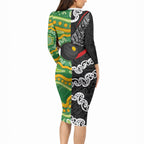 Personalised Aotearoa and Australia Lawn Bowls Long Sleeve Bodycon Dress Maori Fern and Aboriginal Pattern