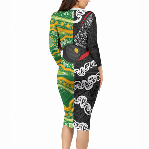Personalised Aotearoa and Australia Lawn Bowls Long Sleeve Bodycon Dress Maori Fern and Aboriginal Pattern
