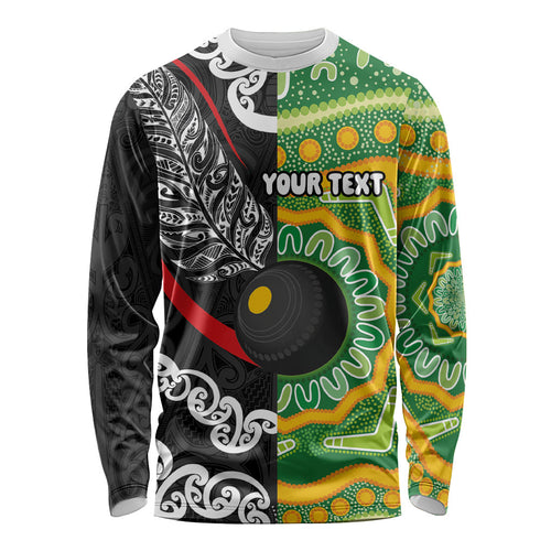 Personalised Aotearoa and Australia Lawn Bowls Long Sleeve Shirt Maori Fern and Aboriginal Pattern