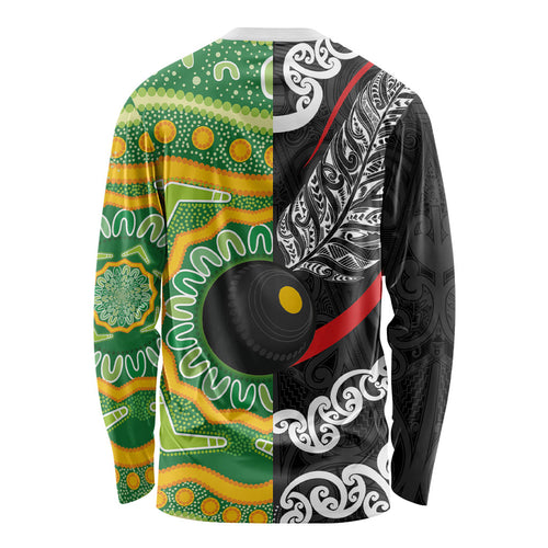 Personalised Aotearoa and Australia Lawn Bowls Long Sleeve Shirt Maori Fern and Aboriginal Pattern