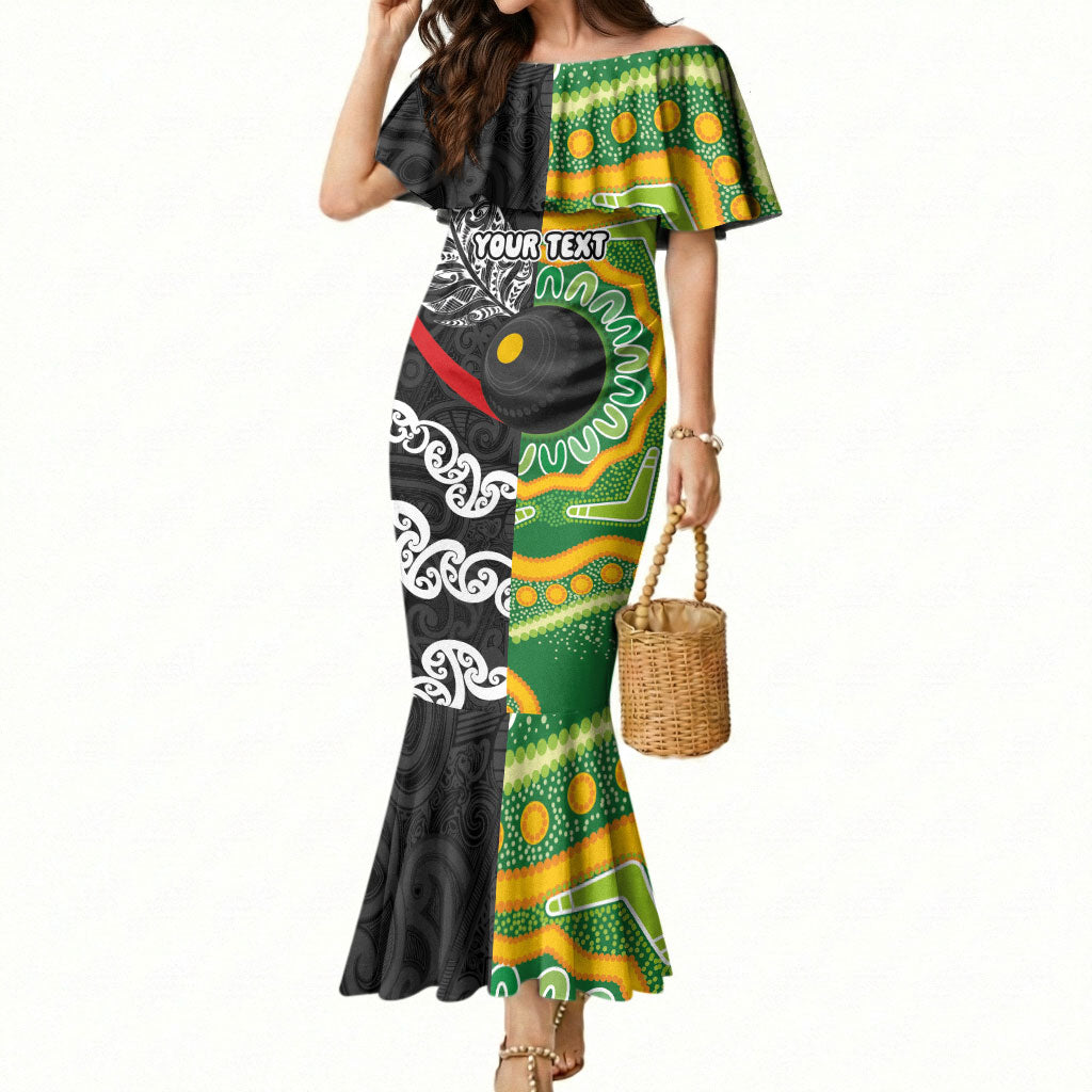 Personalised Aotearoa and Australia Lawn Bowls Mermaid Dress Maori Fern and Aboriginal Pattern