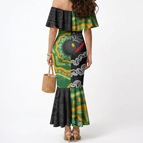 Personalised Aotearoa and Australia Lawn Bowls Mermaid Dress Maori Fern and Aboriginal Pattern