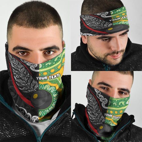 Personalised Aotearoa and Australia Lawn Bowls Neck Gaiter Maori Fern and Aboriginal Pattern