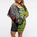 Personalised Aotearoa and Australia Lawn Bowls Off Shoulder Short Dress Maori Fern and Aboriginal Pattern