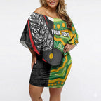 Personalised Aotearoa and Australia Lawn Bowls Off Shoulder Short Dress Maori Fern and Aboriginal Pattern