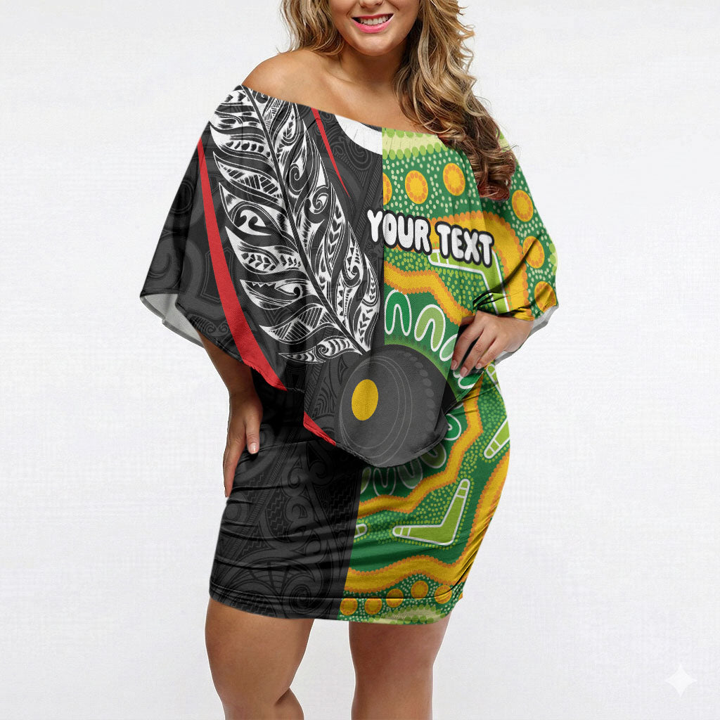 Personalised Aotearoa and Australia Lawn Bowls Off Shoulder Short Dress Maori Fern and Aboriginal Pattern