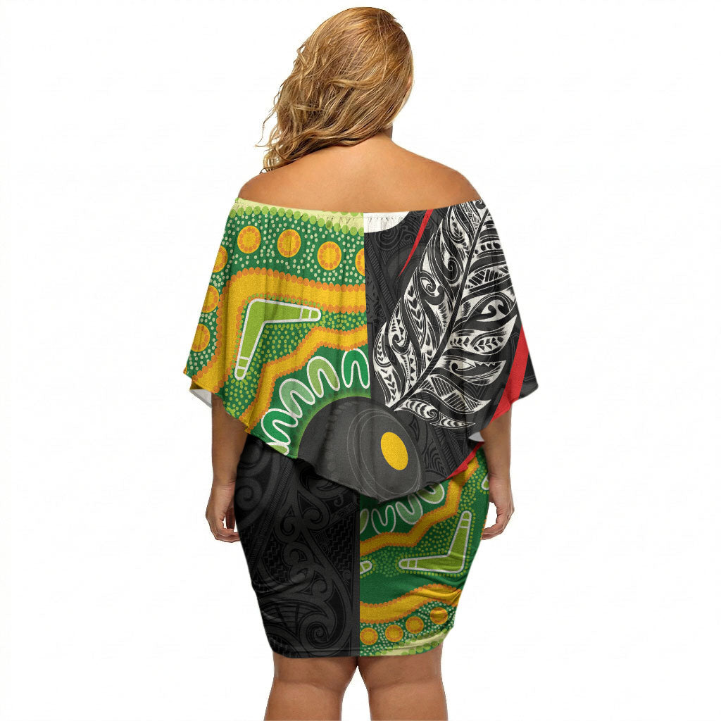 Personalised Aotearoa and Australia Lawn Bowls Off Shoulder Short Dress Maori Fern and Aboriginal Pattern