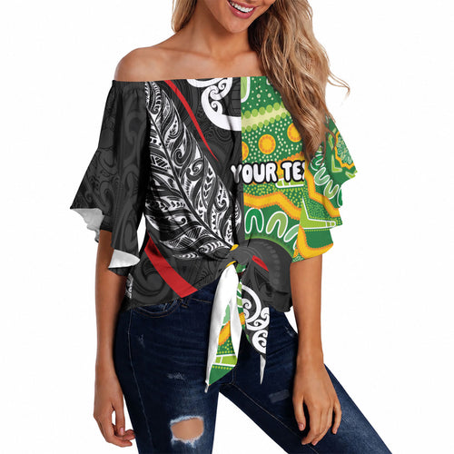 Personalised Aotearoa and Australia Lawn Bowls Off Shoulder Wrap Waist Top Maori Fern and Aboriginal Pattern