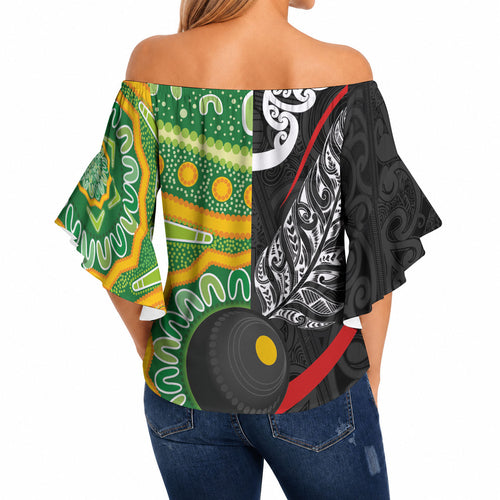 Personalised Aotearoa and Australia Lawn Bowls Off Shoulder Wrap Waist Top Maori Fern and Aboriginal Pattern