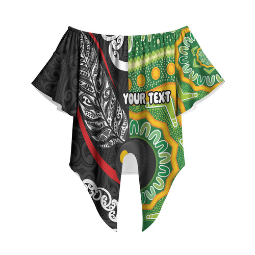 Personalised Aotearoa and Australia Lawn Bowls Off Shoulder Wrap Waist Top Maori Fern and Aboriginal Pattern
