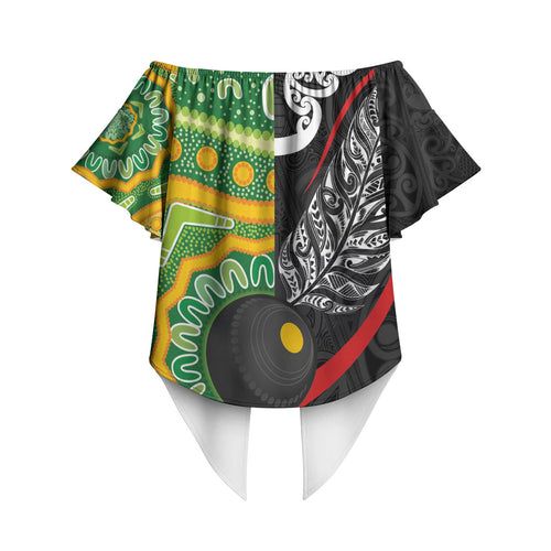 Personalised Aotearoa and Australia Lawn Bowls Off Shoulder Wrap Waist Top Maori Fern and Aboriginal Pattern