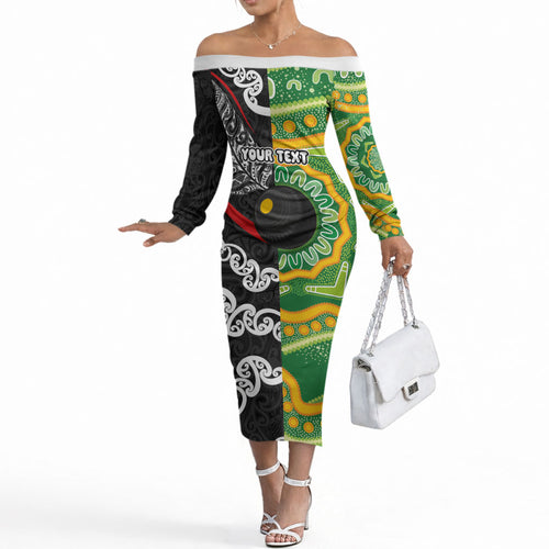 Personalised Aotearoa and Australia Lawn Bowls Off The Shoulder Long Sleeve Dress Maori Fern and Aboriginal Pattern