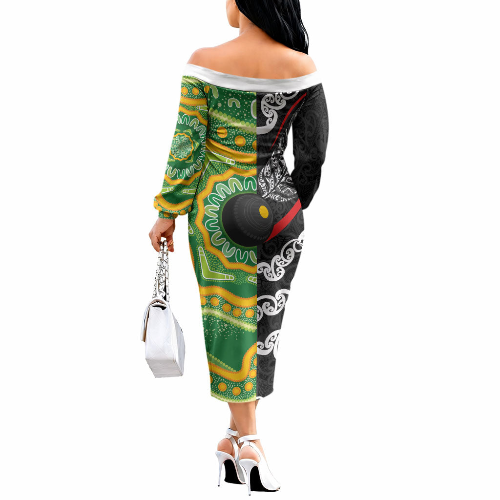 Personalised Aotearoa and Australia Lawn Bowls Off The Shoulder Long Sleeve Dress Maori Fern and Aboriginal Pattern