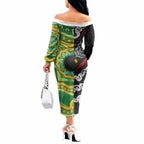 Personalised Aotearoa and Australia Lawn Bowls Off The Shoulder Long Sleeve Dress Maori Fern and Aboriginal Pattern