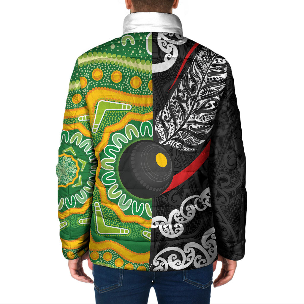 Personalised Aotearoa and Australia Lawn Bowls Padded Jacket Maori Fern and Aboriginal Pattern