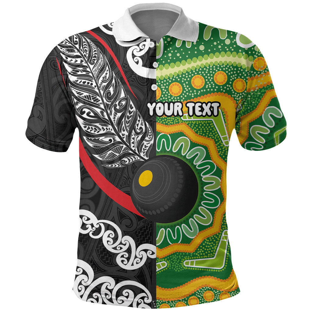 Personalised Aotearoa and Australia Lawn Bowls Polo Shirt Maori Fern and Aboriginal Pattern