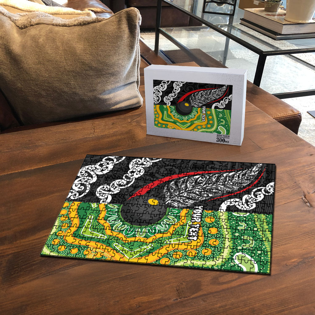 Personalised Aotearoa and Australia Lawn Bowls Puzzle Maori Fern and Aboriginal Pattern