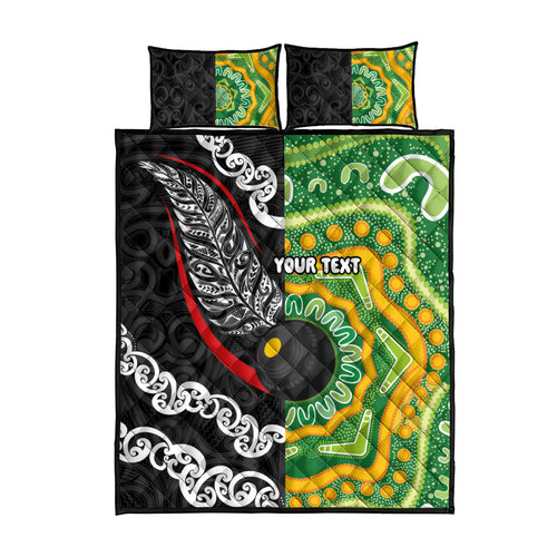 Personalised Aotearoa and Australia Lawn Bowls Quilt Bed Set Maori Fern and Aboriginal Pattern