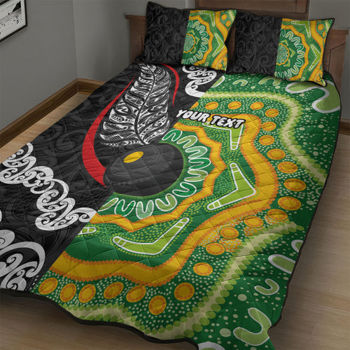Personalised Aotearoa and Australia Lawn Bowls Quilt Bed Set Maori Fern and Aboriginal Pattern