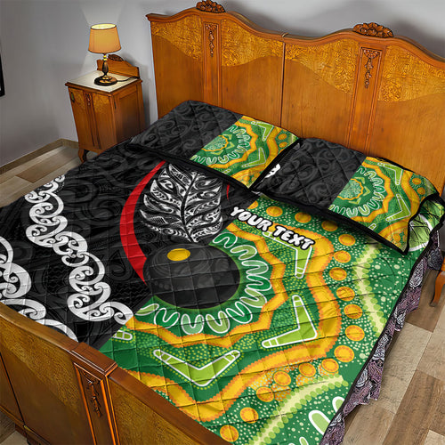 Personalised Aotearoa and Australia Lawn Bowls Quilt Bed Set Maori Fern and Aboriginal Pattern