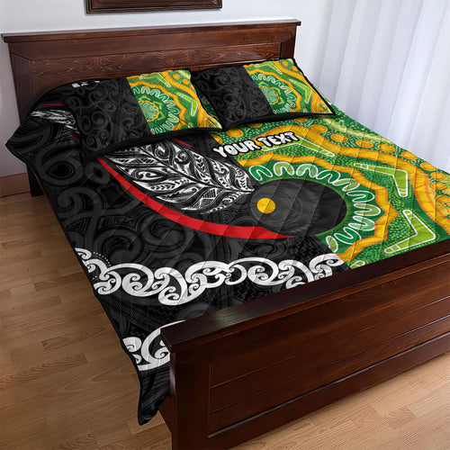 Personalised Aotearoa and Australia Lawn Bowls Quilt Bed Set Maori Fern and Aboriginal Pattern