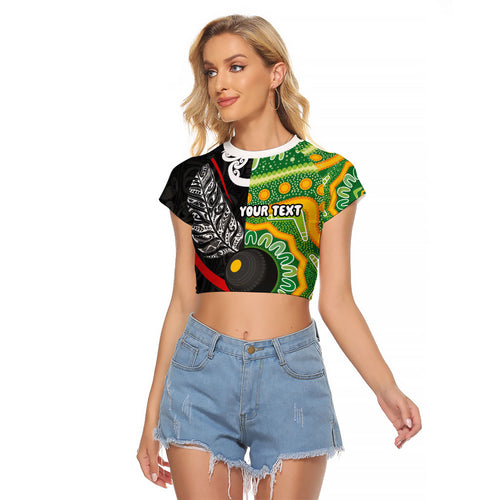 Personalised Aotearoa and Australia Lawn Bowls Raglan Cropped T Shirt Maori Fern and Aboriginal Pattern