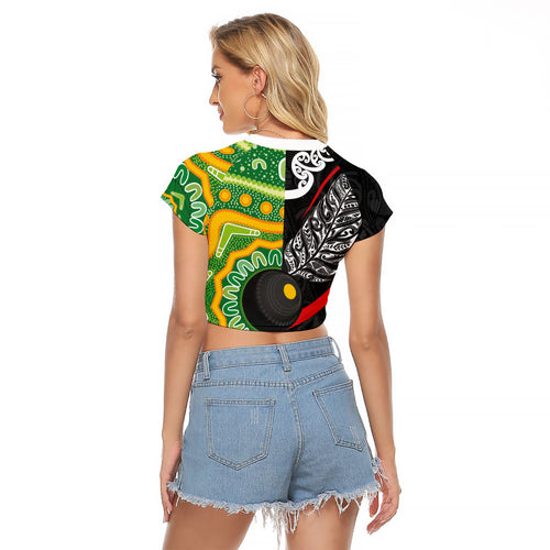 Personalised Aotearoa and Australia Lawn Bowls Raglan Cropped T Shirt Maori Fern and Aboriginal Pattern