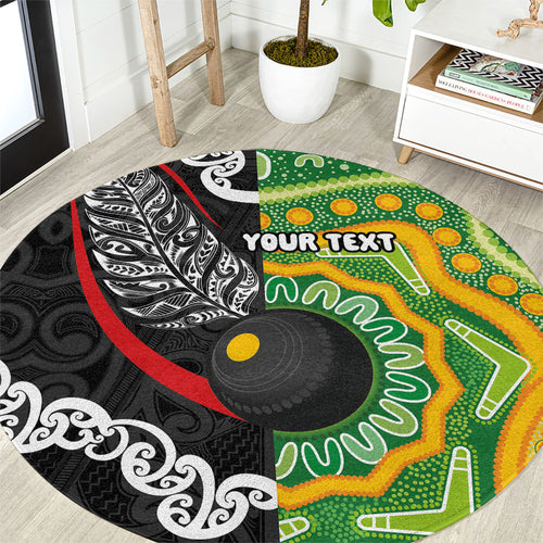 Personalised Aotearoa and Australia Lawn Bowls Round Carpet Maori Fern and Aboriginal Pattern