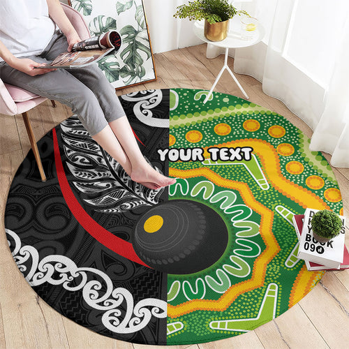 Personalised Aotearoa and Australia Lawn Bowls Round Carpet Maori Fern and Aboriginal Pattern