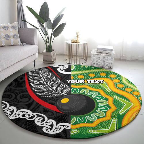 Personalised Aotearoa and Australia Lawn Bowls Round Carpet Maori Fern and Aboriginal Pattern