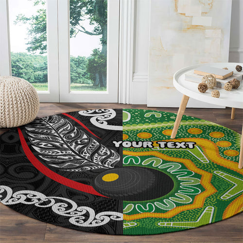 Personalised Aotearoa and Australia Lawn Bowls Round Carpet Maori Fern and Aboriginal Pattern