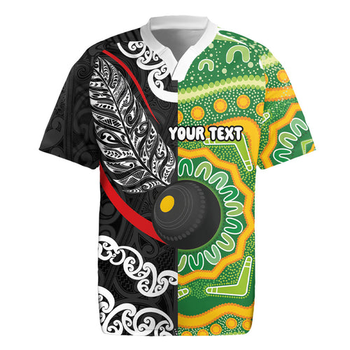 Personalised Aotearoa and Australia Lawn Bowls Rugby Jersey Maori Fern and Aboriginal Pattern