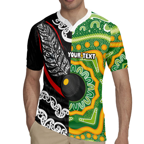 Personalised Aotearoa and Australia Lawn Bowls Rugby Jersey Maori Fern and Aboriginal Pattern