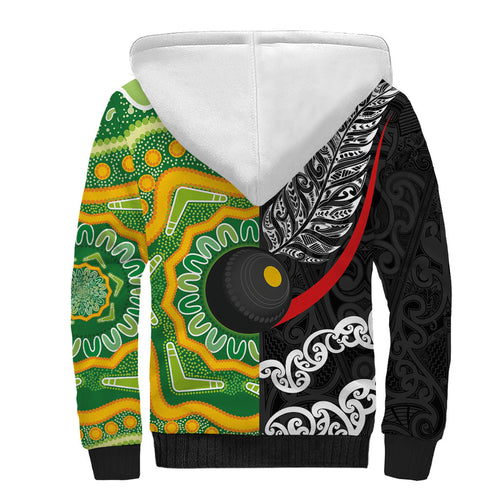 Personalised Aotearoa and Australia Lawn Bowls Sherpa Hoodie Maori Fern and Aboriginal Pattern