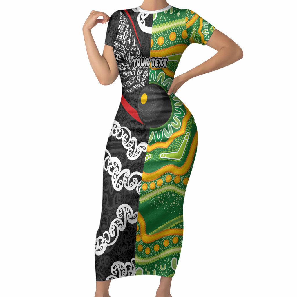 Personalised Aotearoa and Australia Lawn Bowls Short Sleeve Bodycon Dress Maori Fern and Aboriginal Pattern