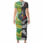 Personalised Aotearoa and Australia Lawn Bowls Short Sleeve Bodycon Dress Maori Fern and Aboriginal Pattern