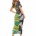 Personalised Aotearoa and Australia Lawn Bowls Short Sleeve Bodycon Dress Maori Fern and Aboriginal Pattern